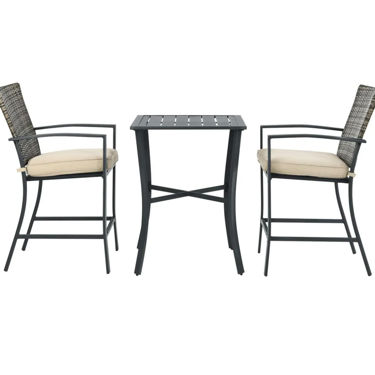 3 Piece Patio Bar Set, Outdoor Bar Stool Bistro Set w/ 27.5" Square Table, 2 Wicker Cushioned Chairs