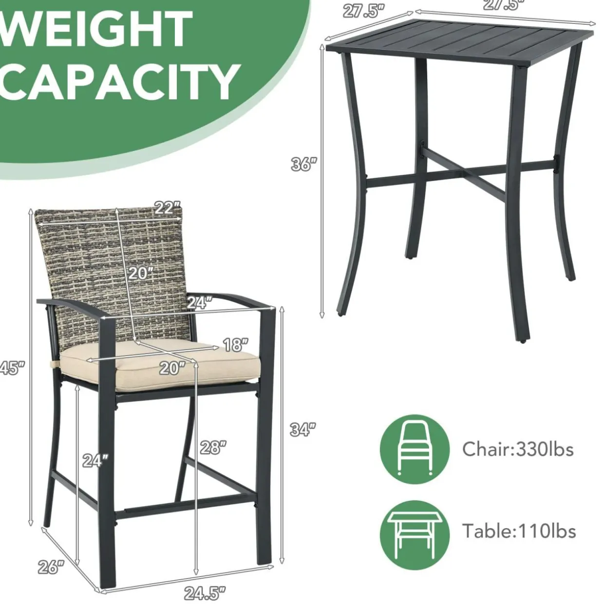3 Piece Patio Bar Set, Outdoor Bar Stool Bistro Set w/ 27.5" Square Table, 2 Wicker Cushioned Chairs