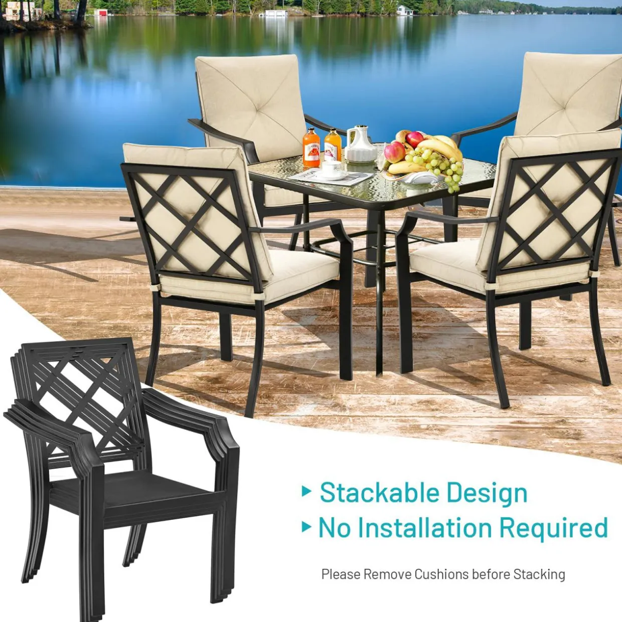 4-Piece Patio Dining Chairs, No Assembly Needs, Cushioned Armchairs with Anti-Rust Steel Frame