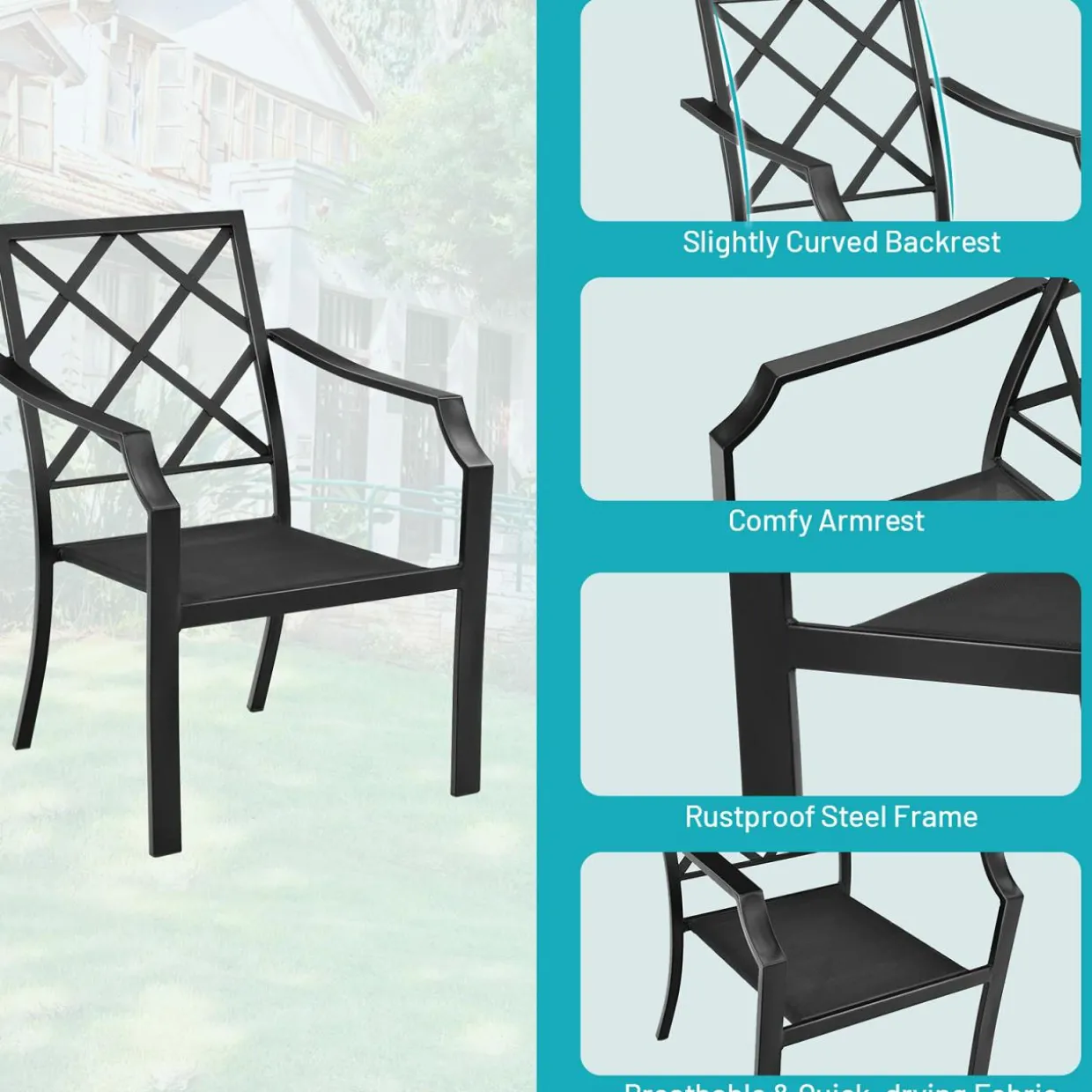 4-Piece Patio Dining Chairs, No Assembly Needs, Cushioned Armchairs with Anti-Rust Steel Frame