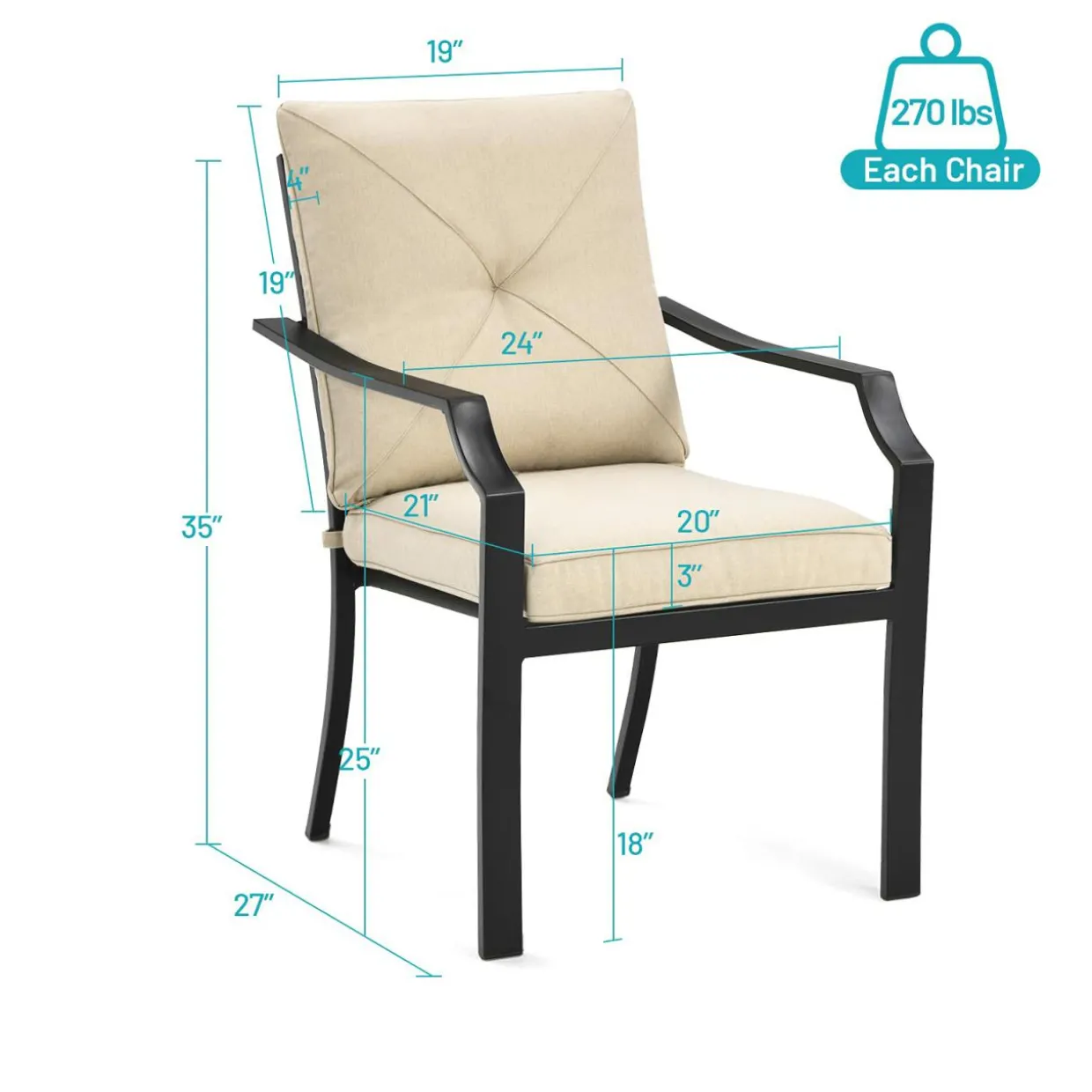 4-Piece Patio Dining Chairs, No Assembly Needs, Cushioned Armchairs with Anti-Rust Steel Frame