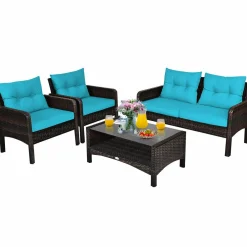 4 Piece Patio Furniture Set, Outdoor Wicker Conversation Set with Glass Top Coffee Table