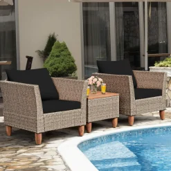 3 Piece Patio Furniture Set, Outdoor Wicker Rattan Bistro Sofa Set