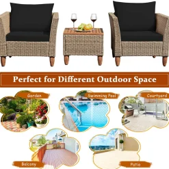 3 Piece Patio Furniture Set, Outdoor Wicker Rattan Bistro Sofa Set