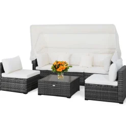 6-Piece Patio Furniture Set w/Retractable Canopy, Outdoor Conversation Set