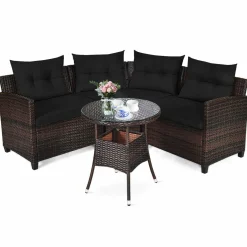 4-Piece Patio Furniture Set, C-Shape Outdoor Wicker Sectional Sofa Set