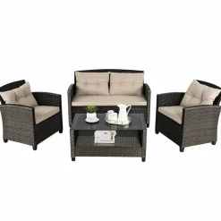 4-Piece Patio Furniture Set, Rattan Wicker Chair Set with 1 Loveseat, 2 Single Sofas