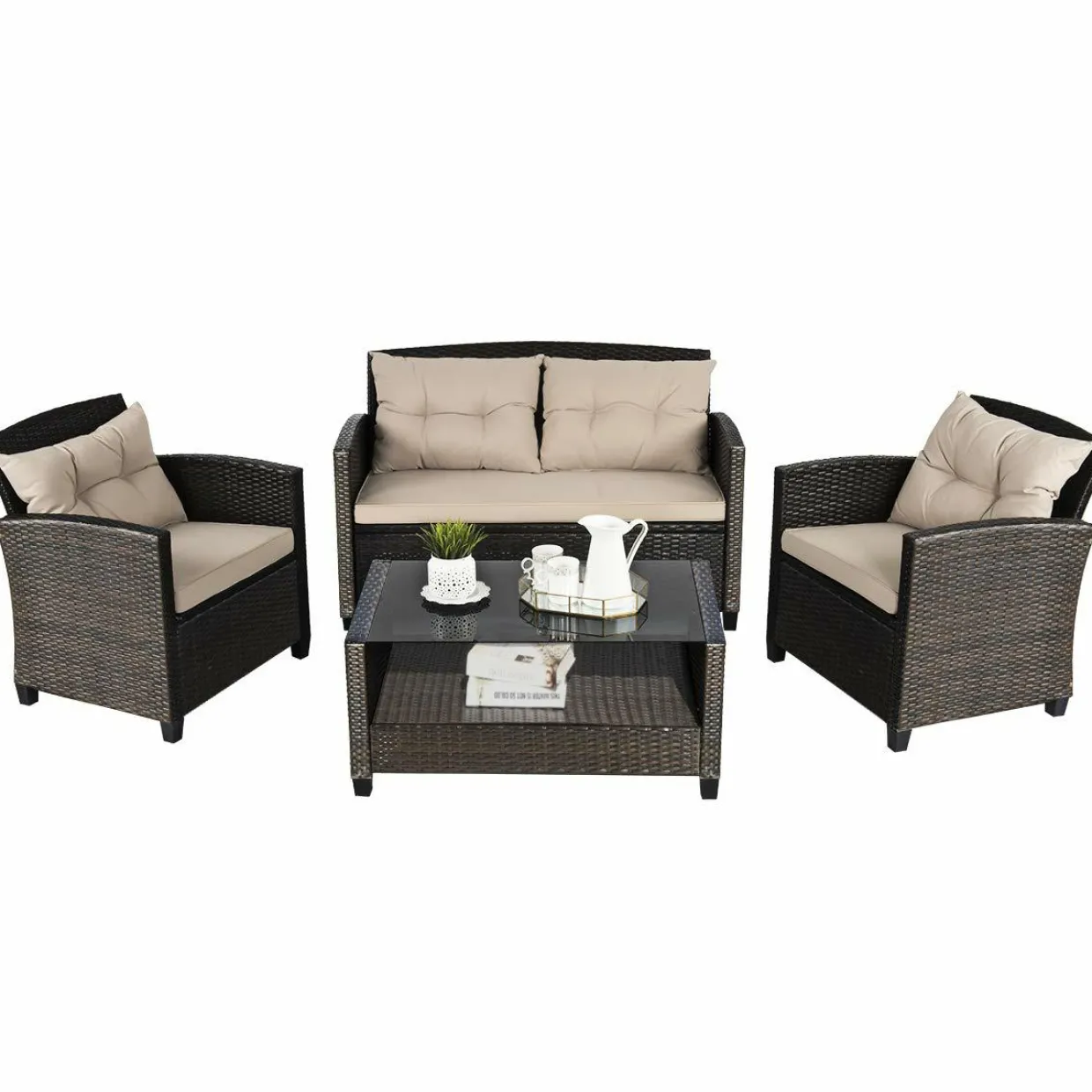 4-Piece Patio Furniture Set, Rattan Wicker Chair Set with 1 Loveseat, 2 Single Sofas