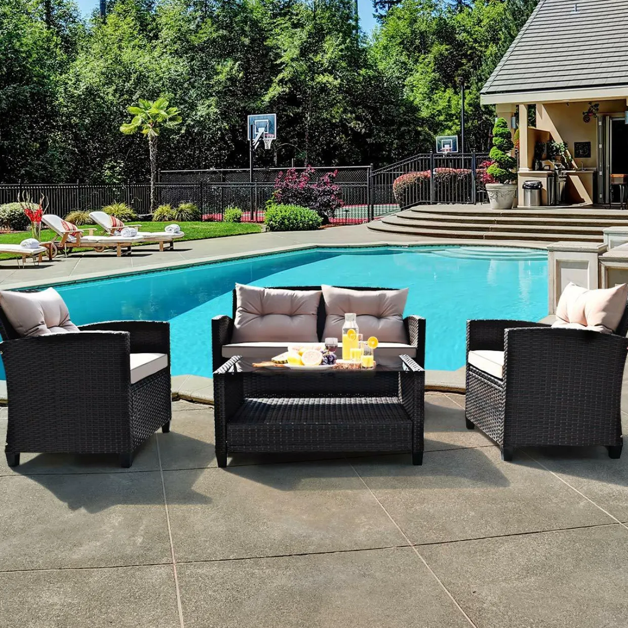 4-Piece Patio Furniture Set, Rattan Wicker Chair Set with 1 Loveseat, 2 Single Sofas
