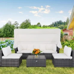 6-Piece Patio Furniture Set w/Retractable Canopy, Outdoor Conversation Set