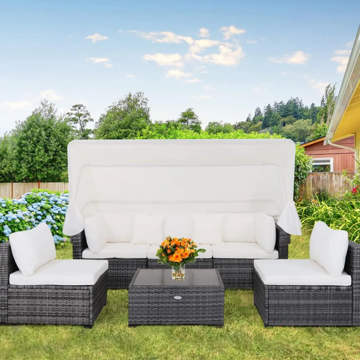 6-Piece Patio Furniture Set w/Retractable Canopy, Outdoor Conversation Set