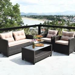 4-Piece Patio Furniture Set, Rattan Wicker Chair Set with 1 Loveseat, 2 Single Sofas