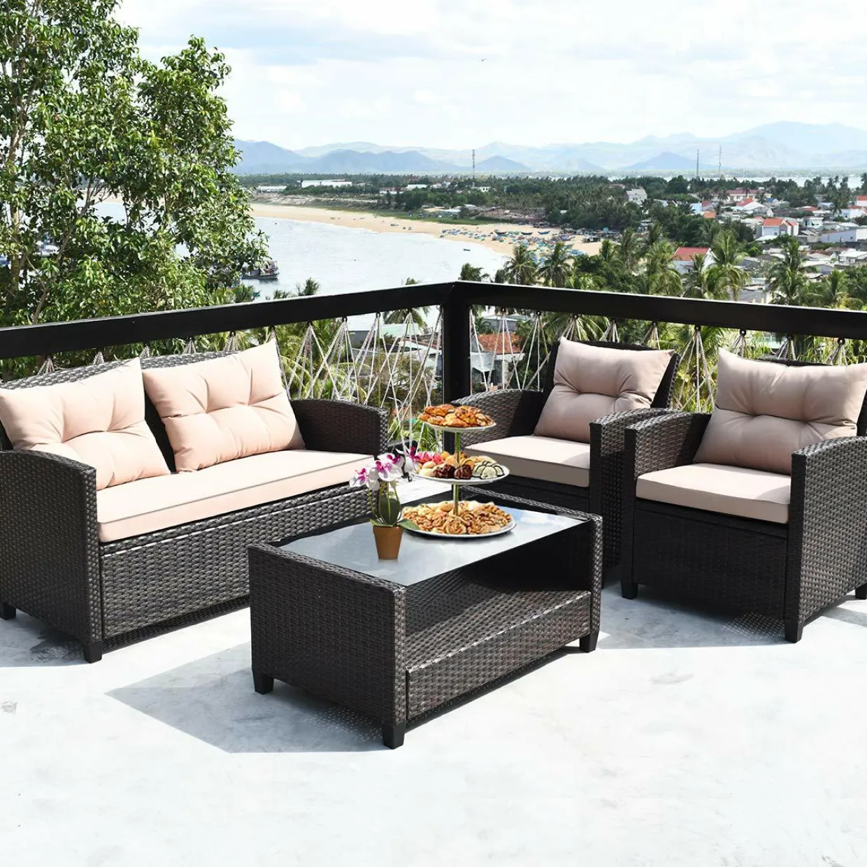 4-Piece Patio Furniture Set, Rattan Wicker Chair Set with 1 Loveseat, 2 Single Sofas