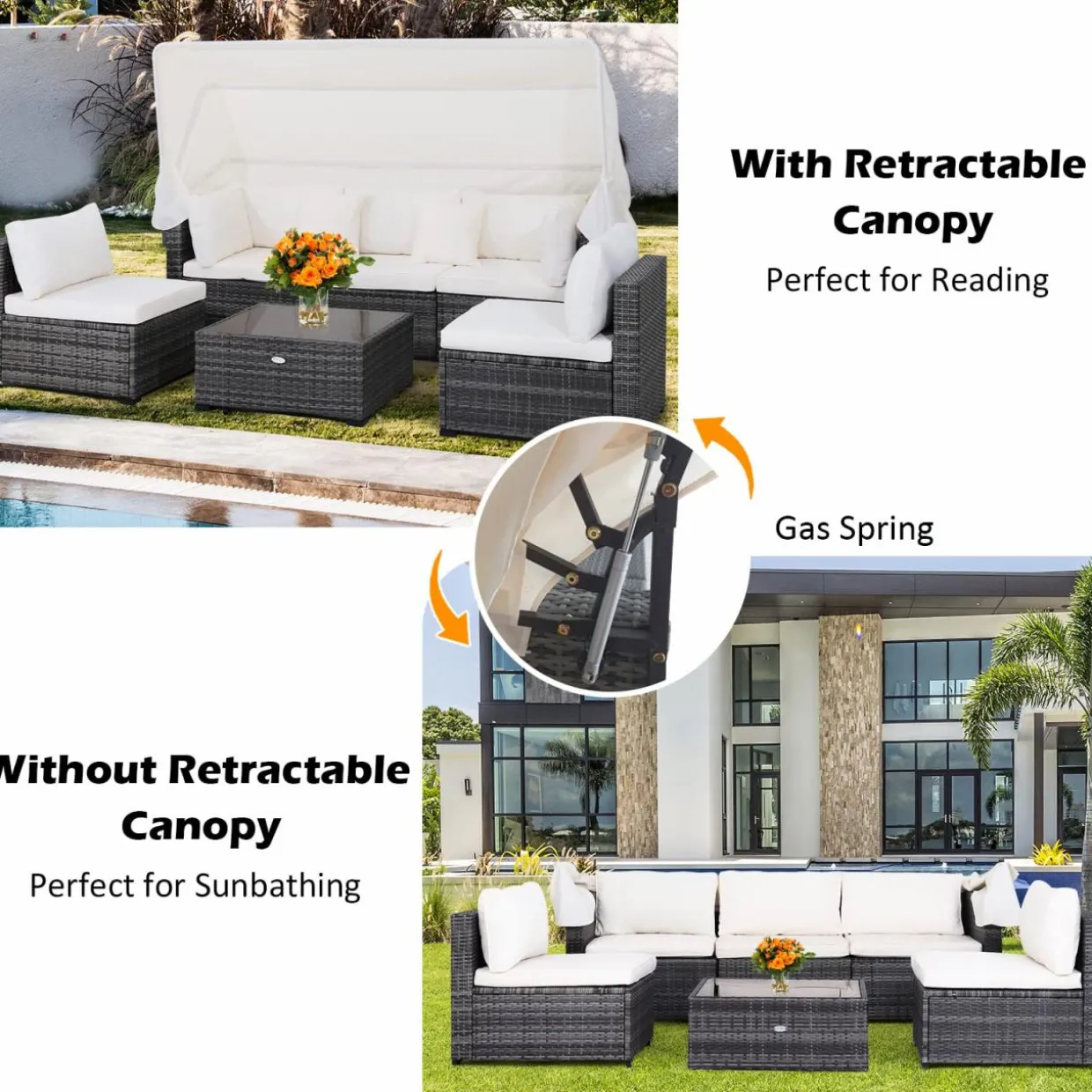 6-Piece Patio Furniture Set w/Retractable Canopy, Outdoor Conversation Set