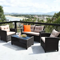 4-Piece Patio Furniture Set, Rattan Wicker Chair Set with 1 Loveseat, 2 Single Sofas
