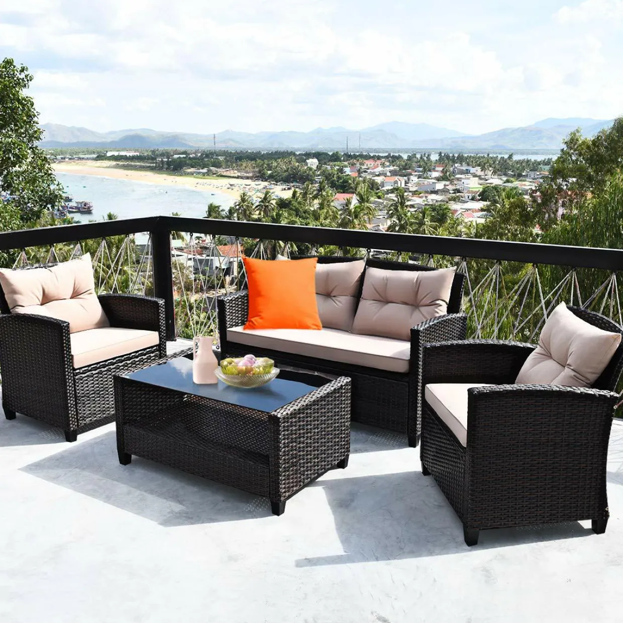 4-Piece Patio Furniture Set, Rattan Wicker Chair Set with 1 Loveseat, 2 Single Sofas