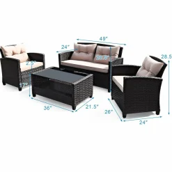 4-Piece Patio Furniture Set, Rattan Wicker Chair Set with 1 Loveseat, 2 Single Sofas