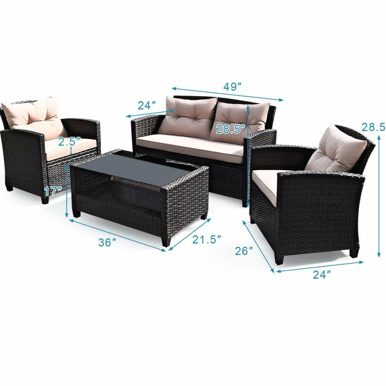 4-Piece Patio Furniture Set, Rattan Wicker Chair Set with 1 Loveseat, 2 Single Sofas