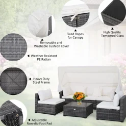6-Piece Patio Furniture Set w/Retractable Canopy, Outdoor Conversation Set