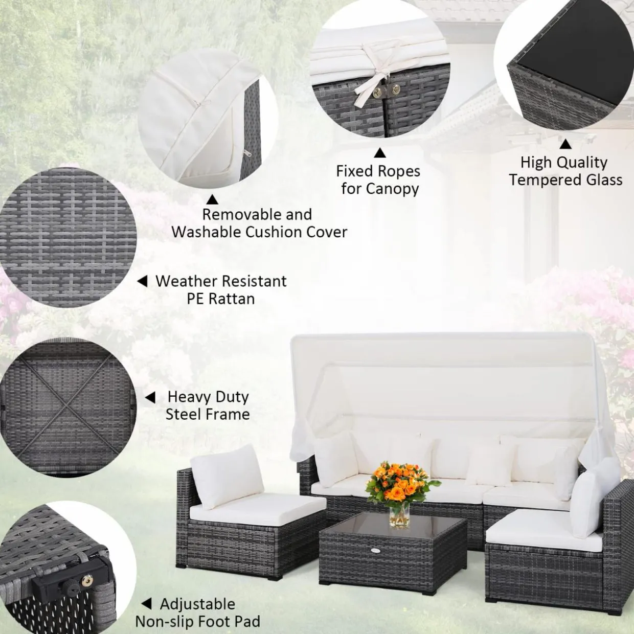 6-Piece Patio Furniture Set w/Retractable Canopy, Outdoor Conversation Set