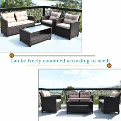 4-Piece Patio Furniture Set, Rattan Wicker Chair Set with 1 Loveseat, 2 Single Sofas