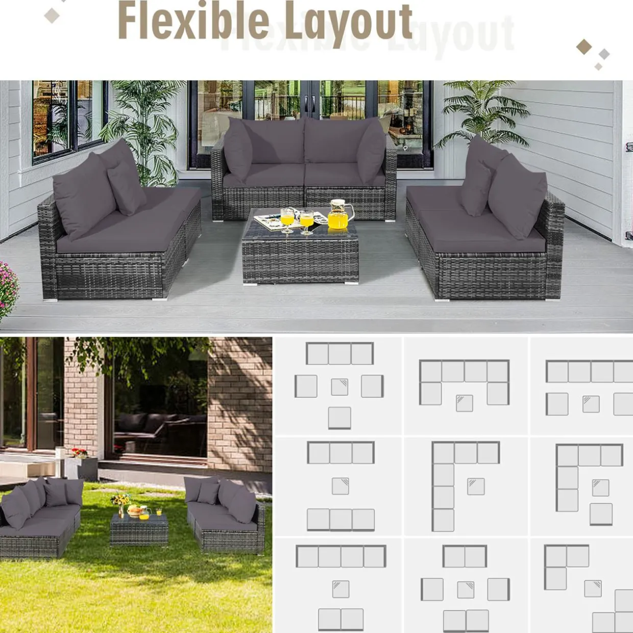 7-Piece Patio Furniture Set, Outdoor Sectional PE Rattan Sofa Set