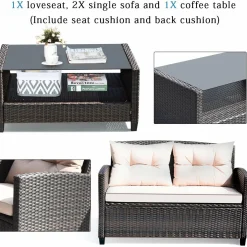4-Piece Patio Furniture Set, Rattan Wicker Chair Set with 1 Loveseat, 2 Single Sofas
