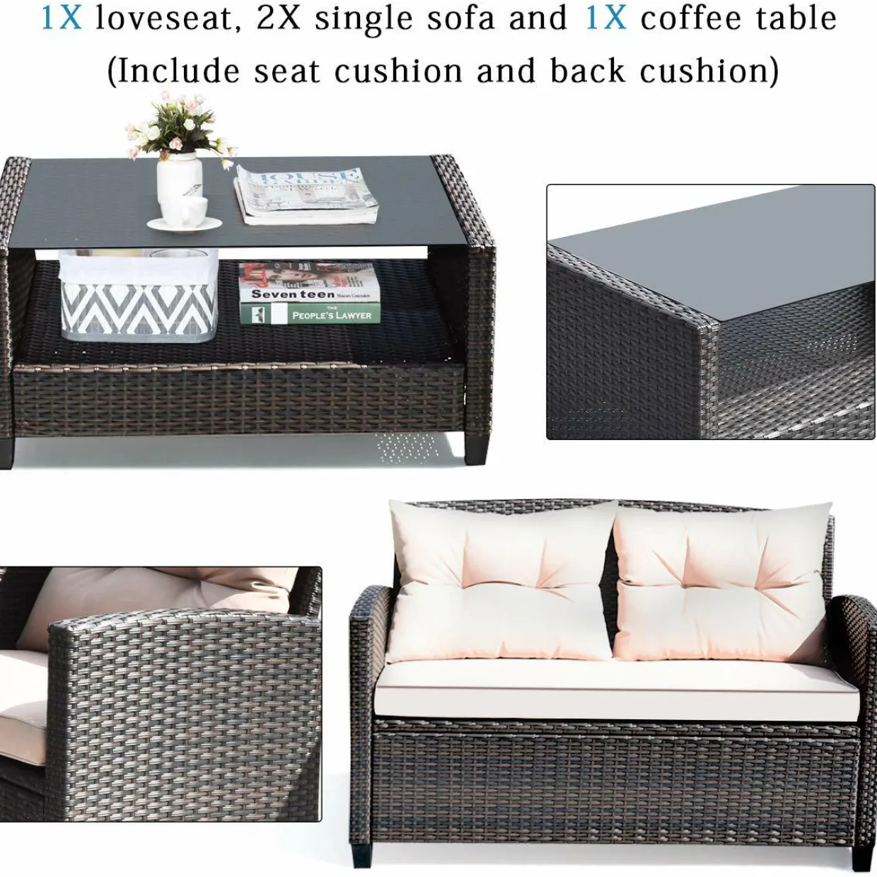 4-Piece Patio Furniture Set, Rattan Wicker Chair Set with 1 Loveseat, 2 Single Sofas