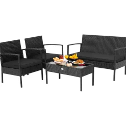 4 Piece Patio Rattan Conversation Set, Black