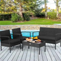 4 Piece Patio Rattan Conversation Set, Black