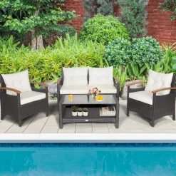 4 Piece Patio Rattan Conversation Set, Outdoor Wicker Sofa Set W/2-Layer Coffee Table