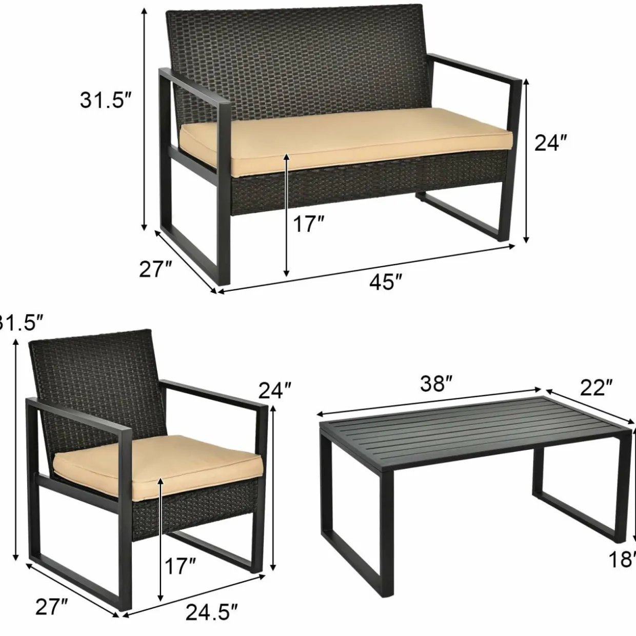 4-Piece Patio Rattan Furniture Set, Outdoor Conversation Set
