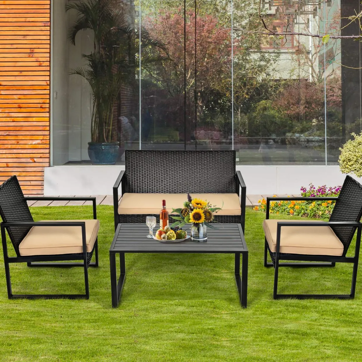 4-Piece Patio Rattan Furniture Set, Outdoor Conversation Set