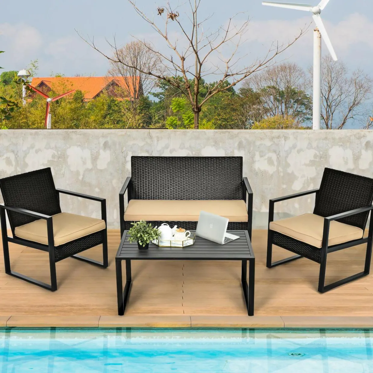 4-Piece Patio Rattan Furniture Set, Outdoor Conversation Set