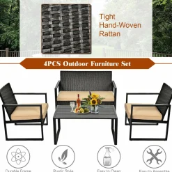 4-Piece Patio Rattan Furniture Set, Outdoor Conversation Set