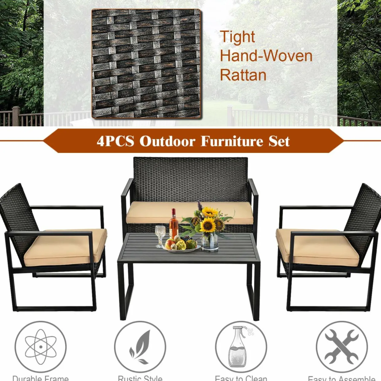 4-Piece Patio Rattan Furniture Set, Outdoor Conversation Set