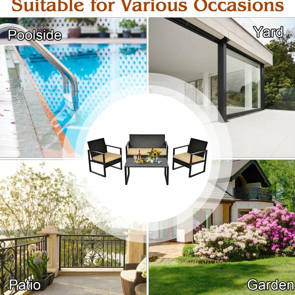 4-Piece Patio Rattan Furniture Set, Outdoor Conversation Set