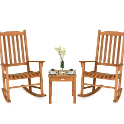 3 Piece Patio Rocking Bistro Set, 2 Rockers and 1 Coffee Table, Outdoor Rocking Chair Set