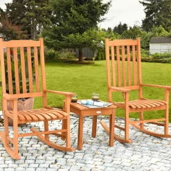3 Piece Patio Rocking Bistro Set, 2 Rockers and 1 Coffee Table, Outdoor Rocking Chair Set