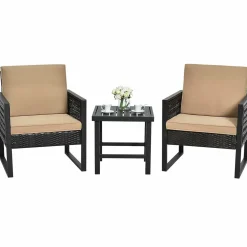 3 Piece Patio Wicker Bistro Set, Outdoor Rattan Sofa Set (Brown)