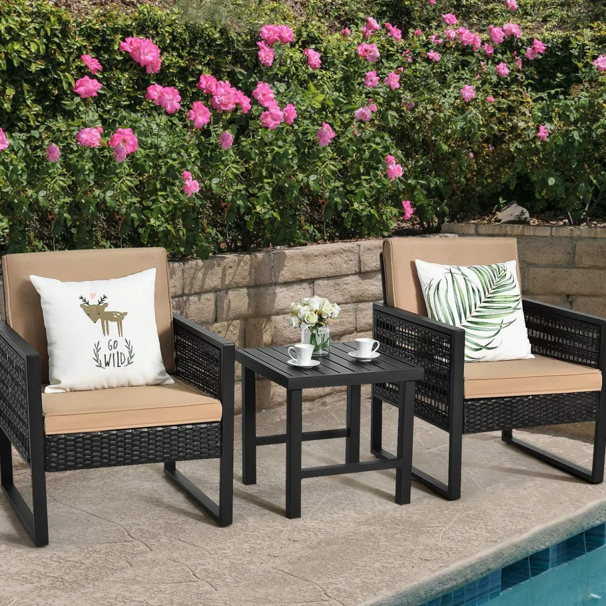 3 Piece Patio Wicker Bistro Set, Outdoor Rattan Sofa Set (Brown)