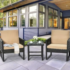 3 Piece Patio Wicker Bistro Set, Outdoor Rattan Sofa Set (Brown)