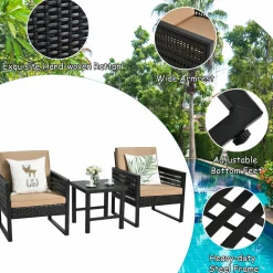 3 Piece Patio Wicker Bistro Set, Outdoor Rattan Sofa Set (Brown)