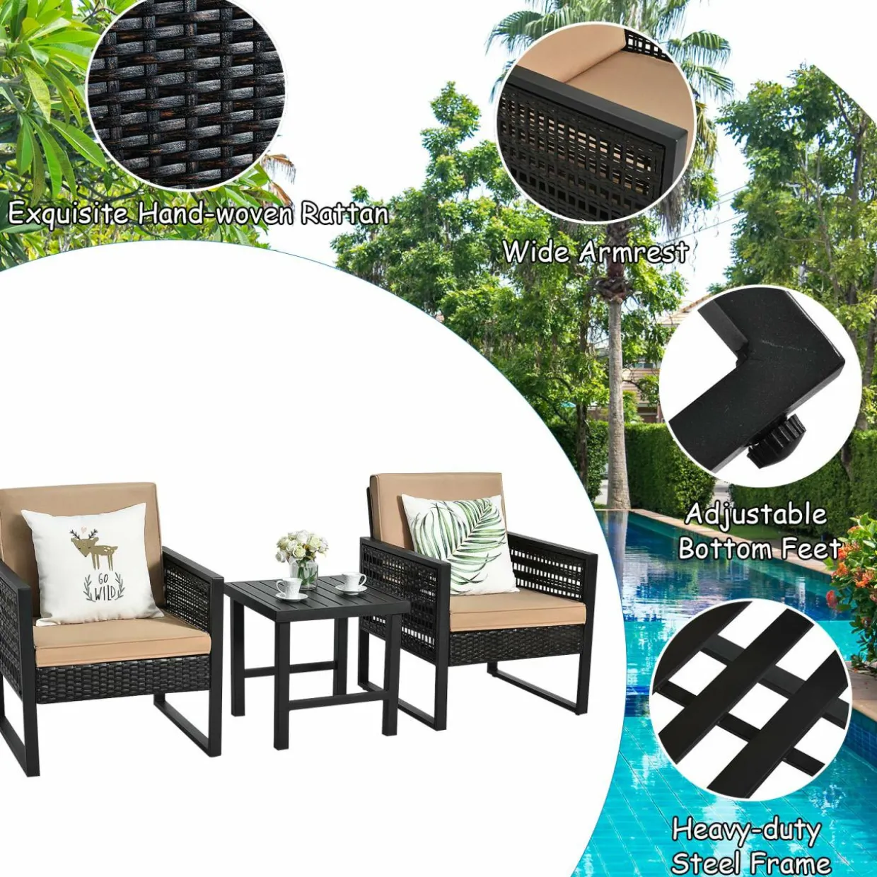 3 Piece Patio Wicker Bistro Set, Outdoor Rattan Sofa Set (Brown)