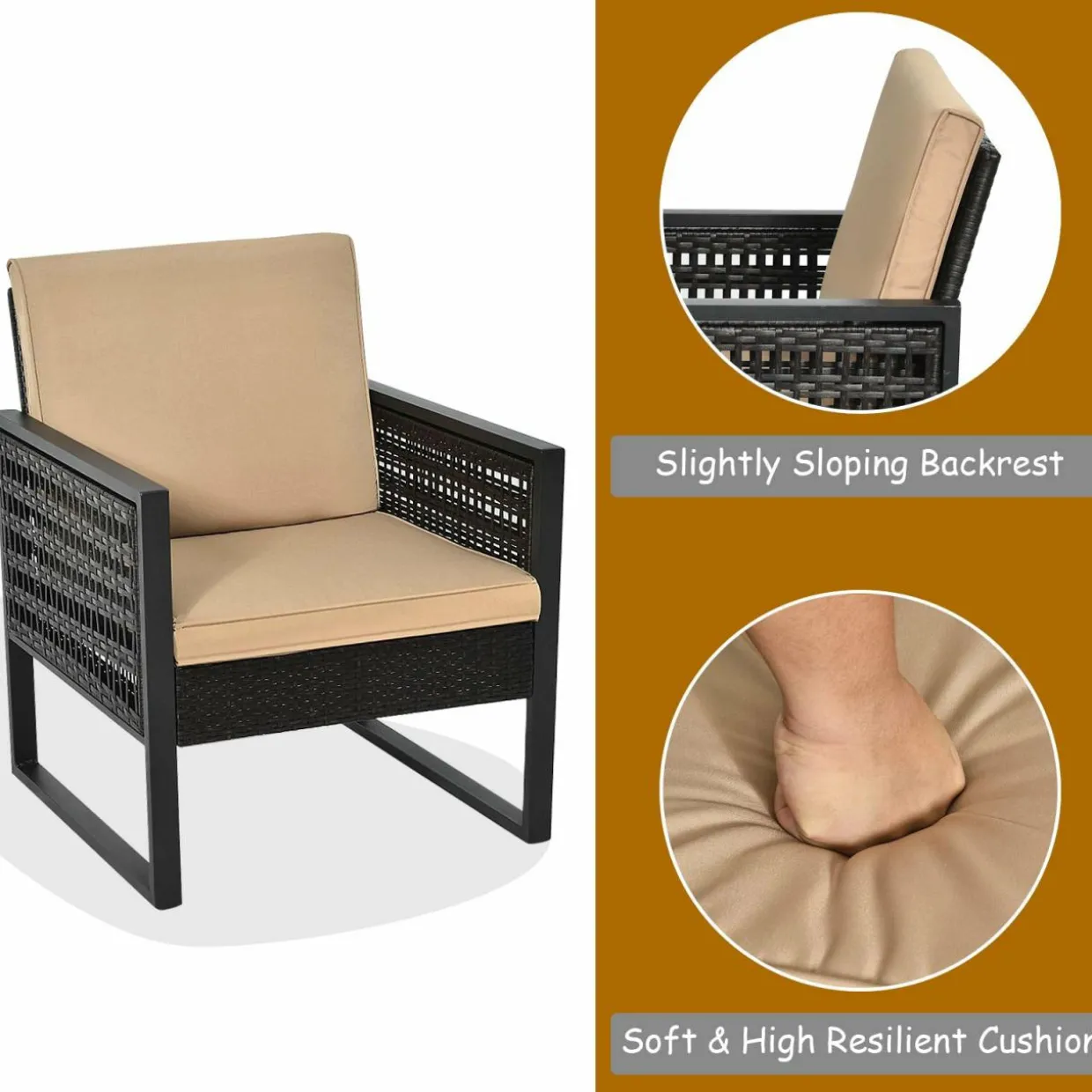 3 Piece Patio Wicker Bistro Set, Outdoor Rattan Sofa Set (Brown)