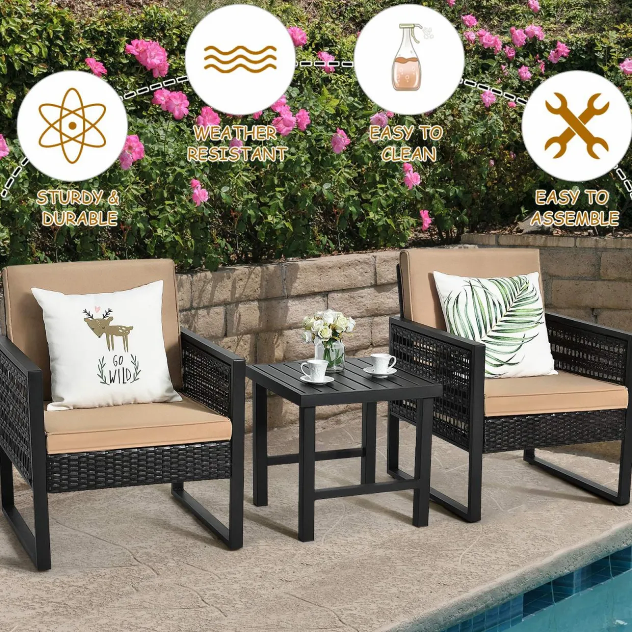 3 Piece Patio Wicker Bistro Set, Outdoor Rattan Sofa Set (Brown)