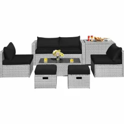 8-Piece Patio Wicker Furniture Set, Coffee Table, 2 Ottomans, 2 Armless Sofas & 2 Corner Sofas