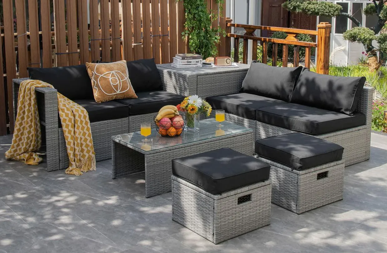 8-Piece Patio Wicker Furniture Set, Coffee Table, 2 Ottomans, 2 Armless Sofas & 2 Corner Sofas