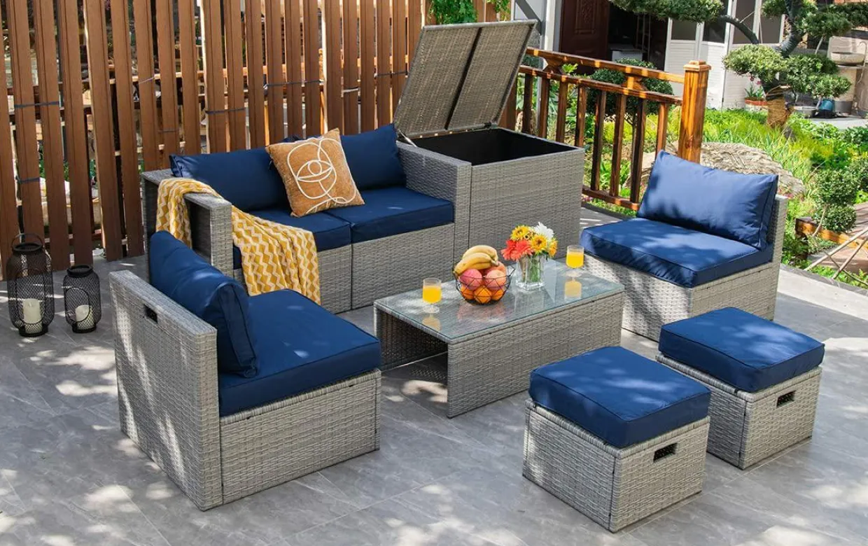 8-Piece Patio Wicker Furniture Set, Coffee Table, 2 Ottomans, 2 Armless Sofas & 2 Corner Sofas