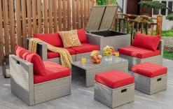 8-Piece Patio Wicker Furniture Set, Coffee Table, 2 Ottomans, 2 Armless Sofas & 2 Corner Sofas